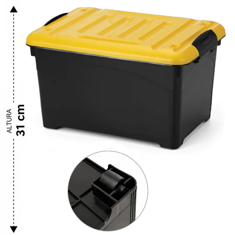 CAIXA ORGANIZADOR CONTAINER PLASTICO RETANGULAR EMPILHAVEL BLACK COM RODIZIO + ALCA E TAMPA AMARELA 45L 52X37X31CM