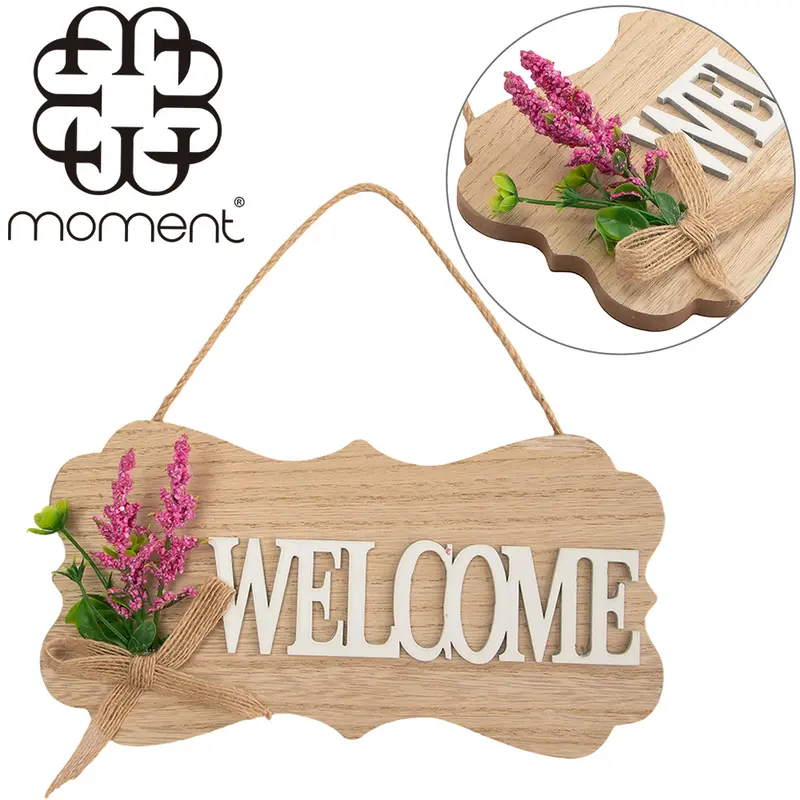 ENFEITE PLACA DE MADEIRA MDF PALAVRA COM LACO + FLOR PERMANENTE PARA PENDURAR 23X11CM