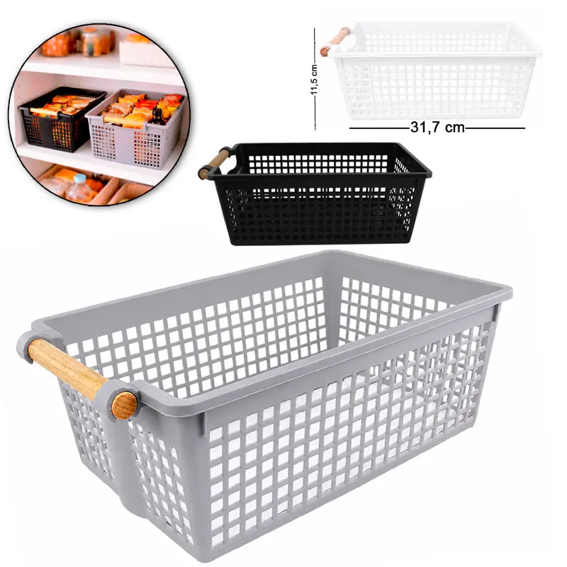 CESTO ORGANIZADOR DE PLASTICO RETANGULAR VAZADO COM ALCA MADEIRA 31,7X19,5X11,5CM