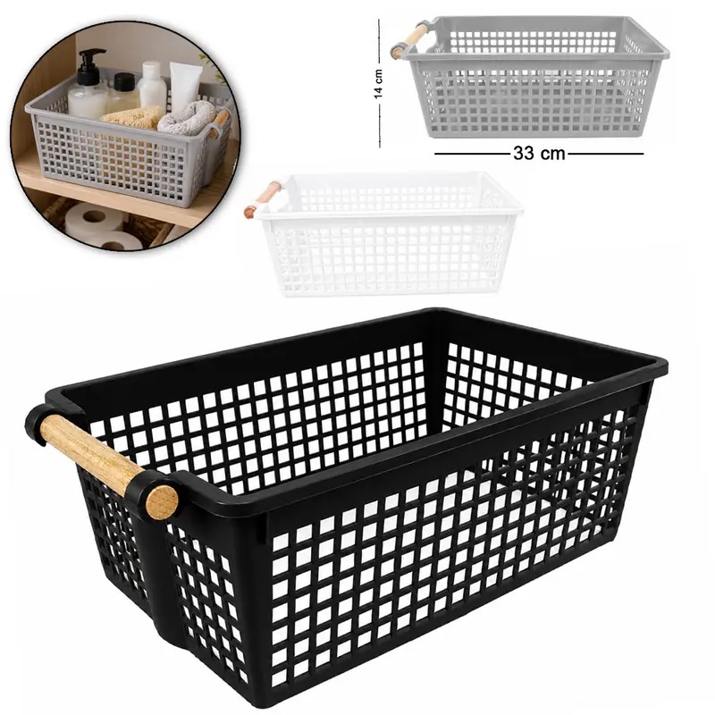 CESTO ORGANIZADOR DE PLASTICO RETANGULAR VAZADO COM ALCA MADEIRA 33X18X14CM