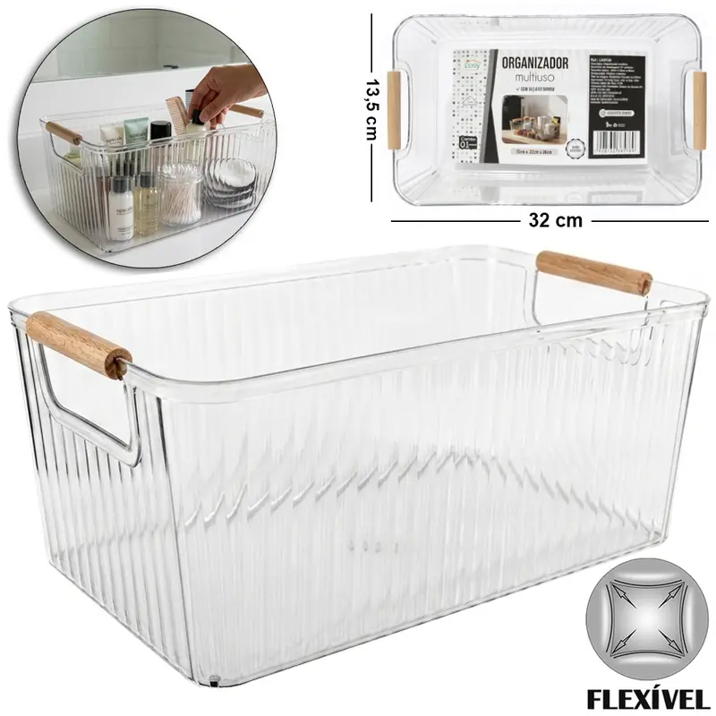 CAIXA ORGANIZADOR DE PLASTICO PET FLEXIVEL COM ALCA DE MADEIRA 32X20X13,5CM