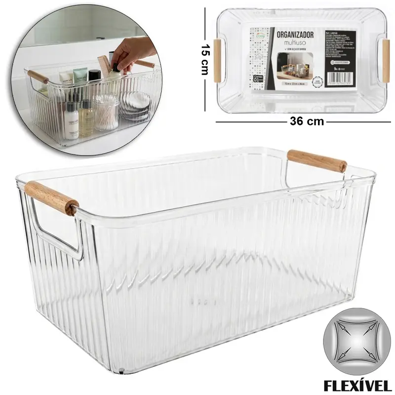 CAIXA ORGANIZADOR DE PLASTICO PET FLEXIVEL COM ALCA DE MADEIRA 36X22X15CM