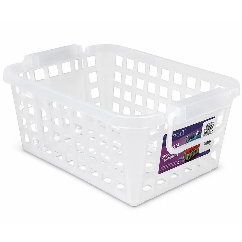 CESTO ORGANIZADOR DE PLASTICO RETANGULAR VAZADO EMPILHAVEL COM ALCA CRISTAL DIKAMAIS 23,5X16X9,5CM