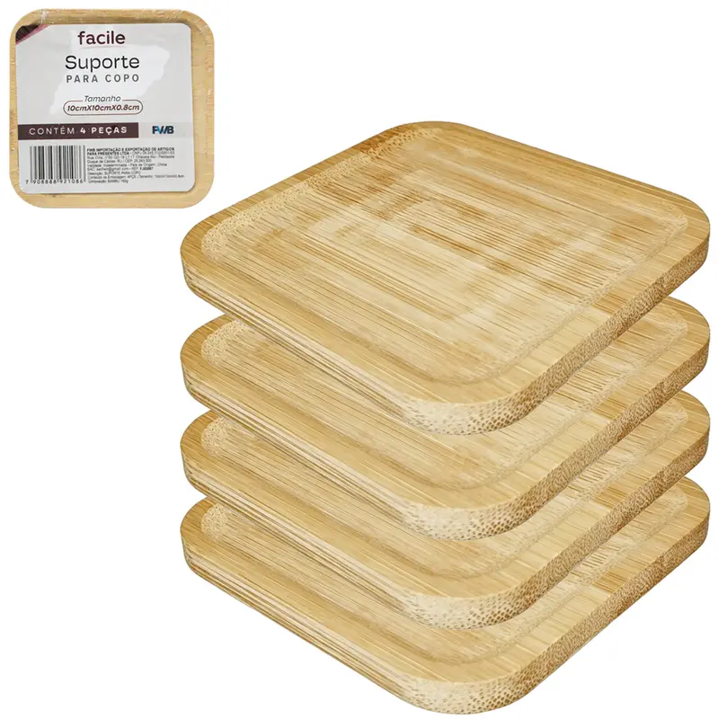 SUPORTE PORTA COPO DE BAMBU QUADRADO COM 4 PECAS 10CM