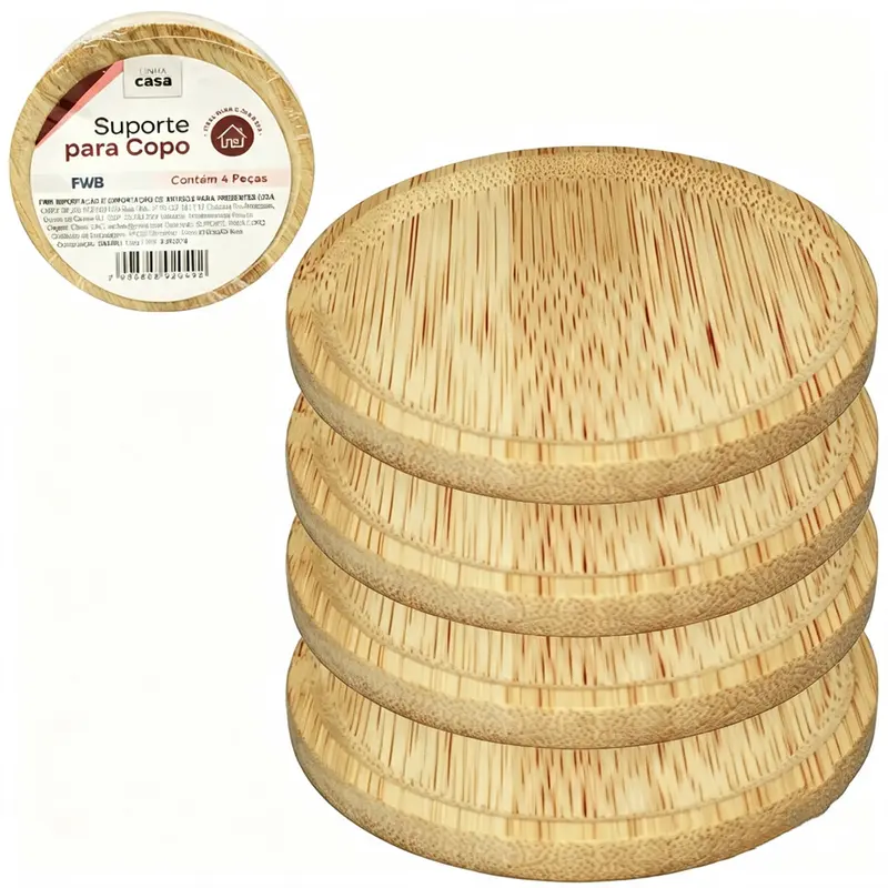 SUPORTE PORTA COPO DE BAMBU REDONDO COM 4 PECAS 10CM DE Ø