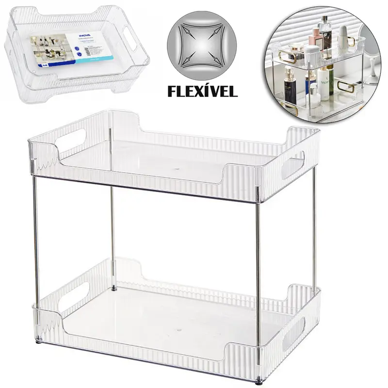 ORGANIZADOR PRATELEIRA DUPLA DE PLASTICO PET FLEXIVEL / METAL RETANGULAR 4 TUBOS INOVA 33,3X27X22,5CM