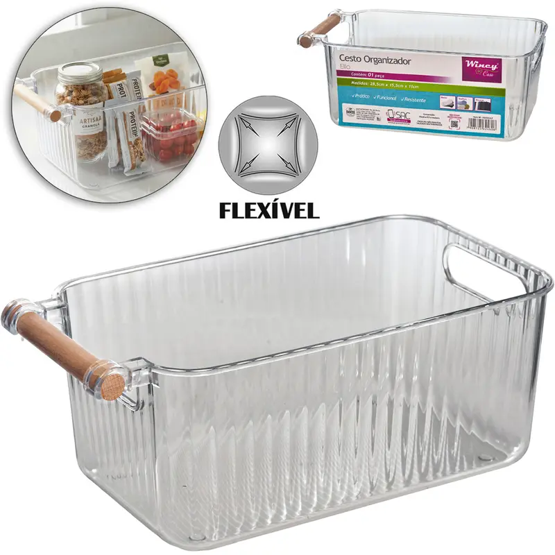 CAIXA ORGANIZADOR DE PLASTICO PET FLEXIVEL COM ALCA DE MADEIRA 28,5X15,5X11CM