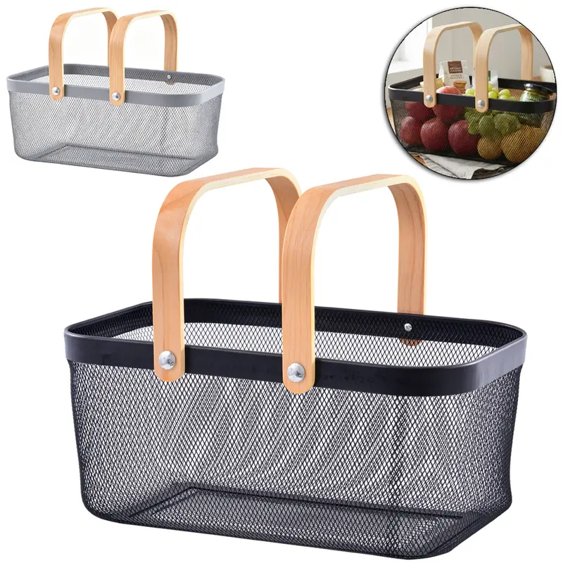 CESTO ORGANIZADOR ARAMADO RETANGULAR MULTIUSO COM ALCA DE MADEIRA 40X28X18CM