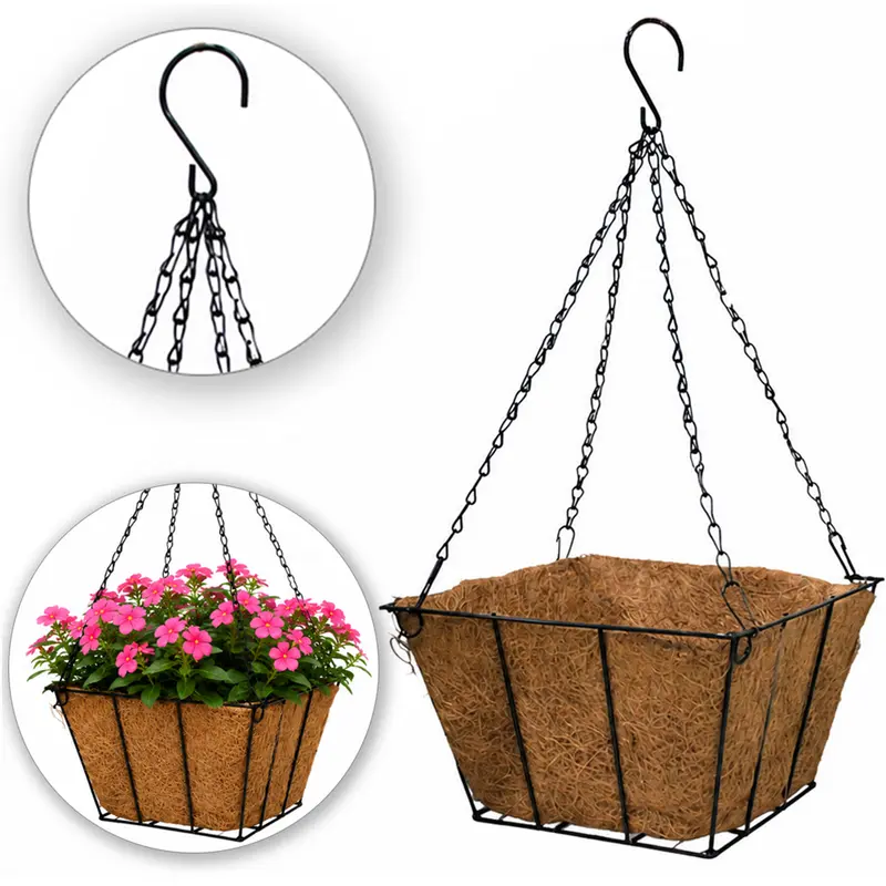 CESTO SUSPENSO / VASO DE FIBRAS NATURAIS COM SUPORTE ARAMADO E CORRENTE 24X15CM