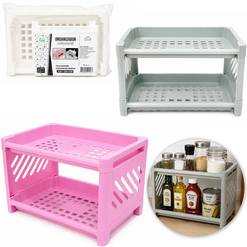 ORGANIZADOR PRATELEIRA RACK DUPLA DE PLASTICO RETANGULAR MULTIUSO 23X15X15CM