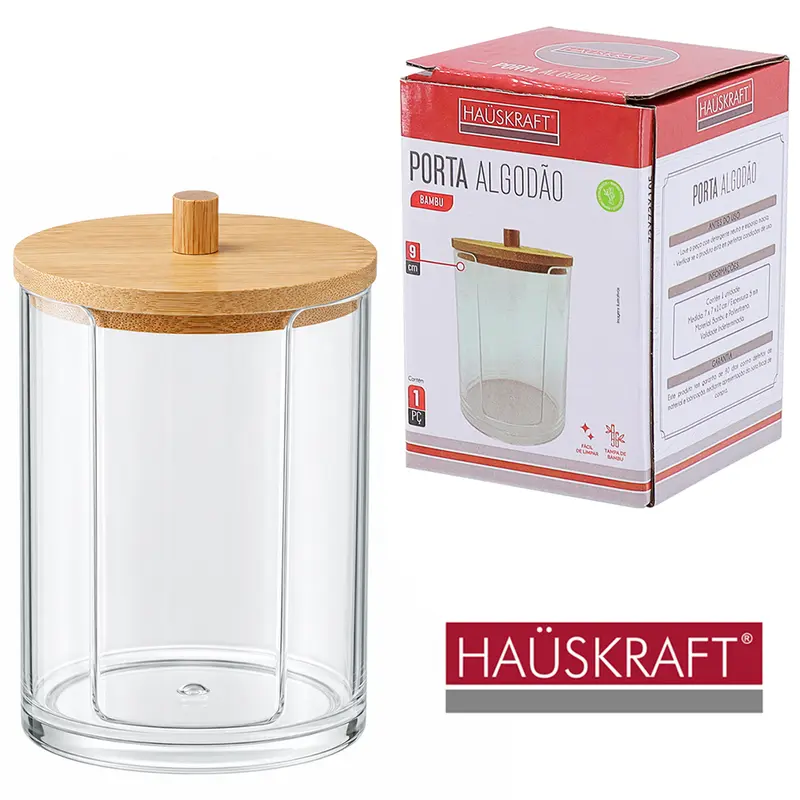 ORGANIZADOR PORTA DISCO DE ALGODAO DE ACRILICO REDONDO COM TAMPA DE BAMBU HAUSKRAFT 9X7CM DE Ø