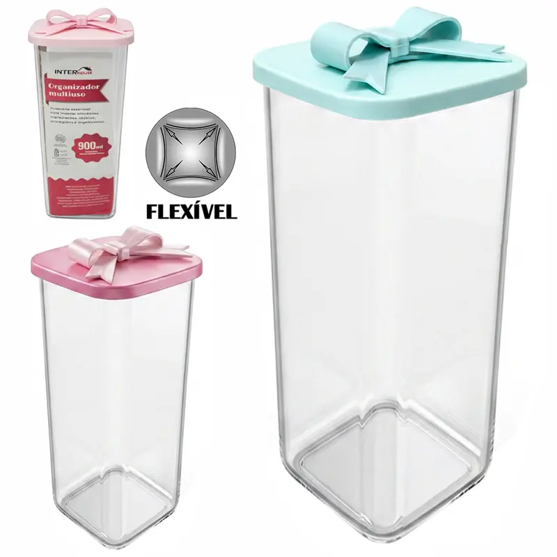 ORGANIZADOR DE PLASTICO PET FLEXIVEL QUADRADO MULTIUSO COM TAMPA LACO SILICONE INTER HOUSE 900ML 20,5X8,5CM
