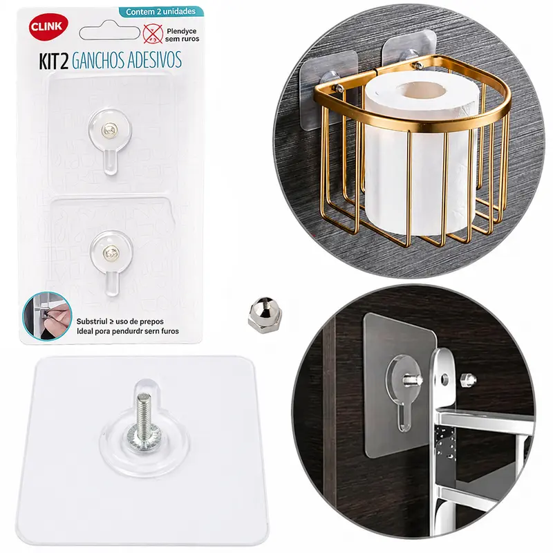 CABIDE GANCHO DE METAL QUADRADO AUTOADESIVO TRANSPARENTE COM PARAFUSO 2 PECAS 6CM NA CARTELA