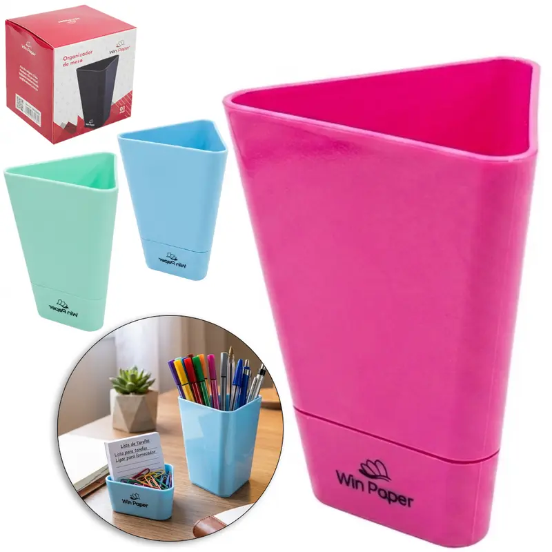 ORGANIZADOR DE MESA / PORTA CANETA / LAPIS DE PLASTICO TRIANGULAR 2 EM 1 WIN PAPER