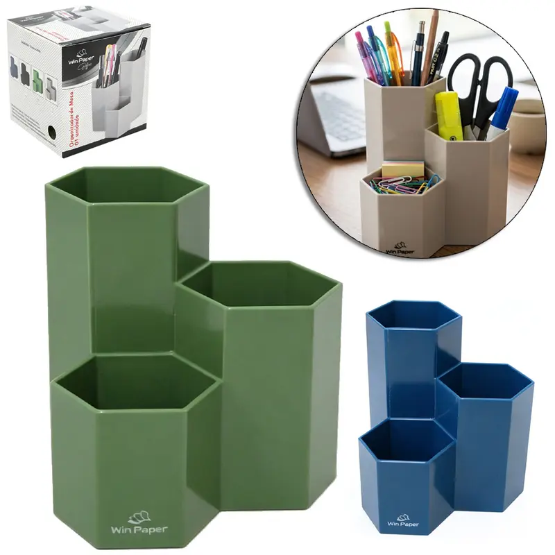 ORGANIZADOR DE MESA / PORTA CANETA / LAPIS DE PLASTICO SEXTAVADO COM 3 CAVIDADES WIN PAPER OFFICE 12X11CM