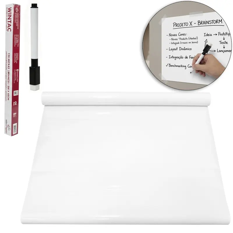 PAPEL DE PAREDE ROLO AUTOADESIVO QUADRO BRANCO CHALKBOARD WINTAC + CANETA COM APAGADOR 45CMX2M