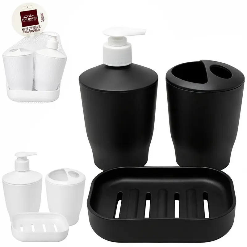PORTA SABONETE LIQUIDO COM SABONETEIRA + PORTA ESCOVA DE PLASTICO REDONDO 3 PECAS