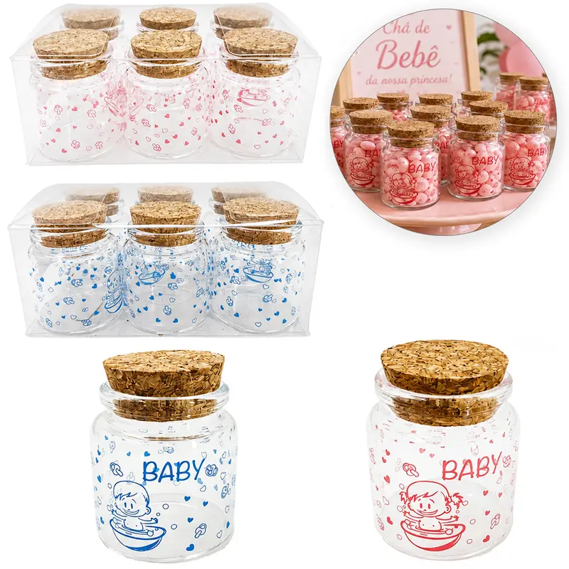 FRASCO / POTE DE VIDRO REDONDO BABY COM TAMPA CORTICA 6 PECAS 50ML