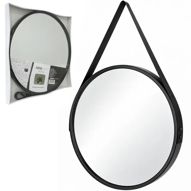 ESPELHO DE PENDURAR EMOLDURADO REDONDO DECORATIVO + ALCA BLACK 50CM DE Ø