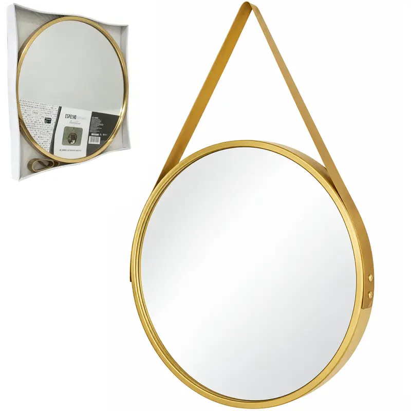 ESPELHO DE PENDURAR EMOLDURADO REDONDO DECORATIVO + ALCA METALIZADO DOURADO 50CM DE Ø