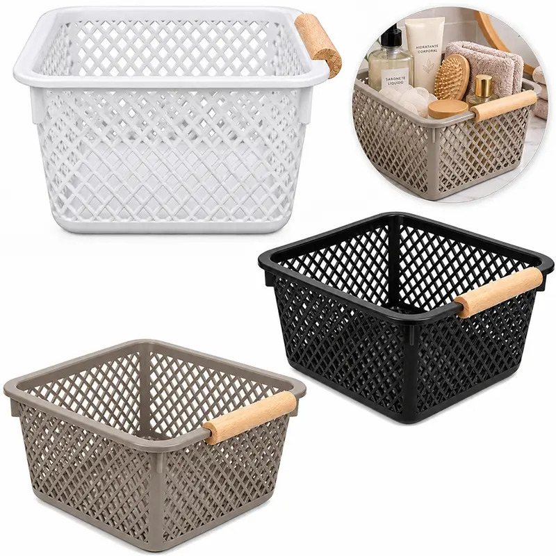 CESTO ORGANIZADOR DE PLASTICO QUADRADO VAZADO COM ALCA DE MADEIRA 13,2X12,2X8CM