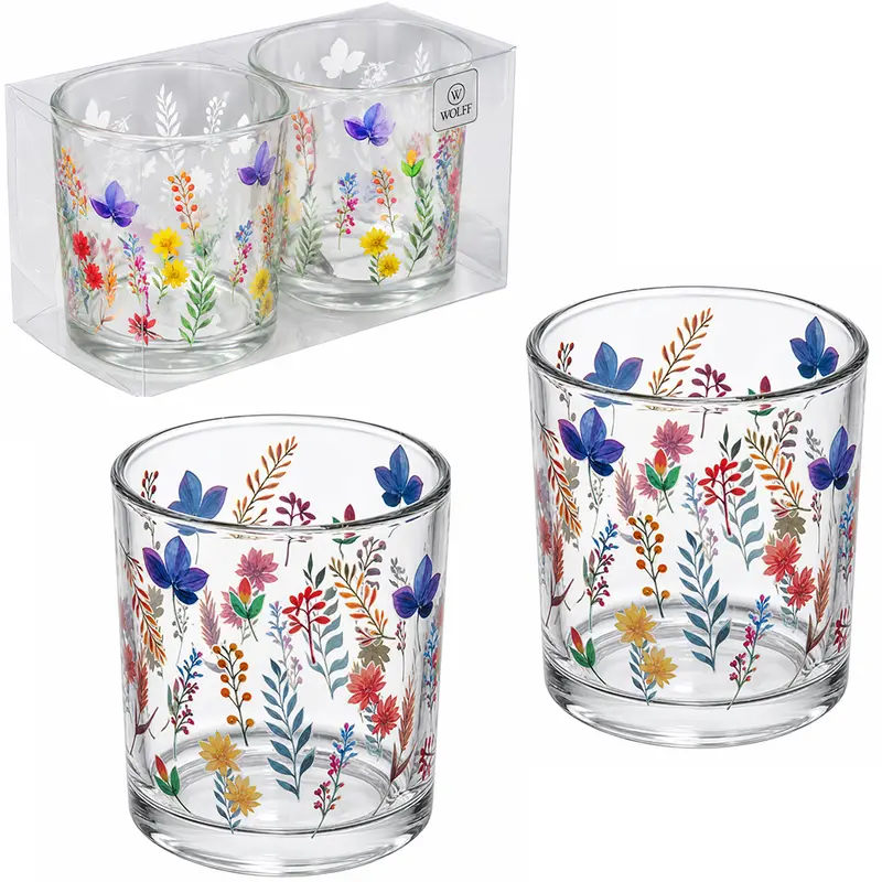PORTA VELA / CASTICAL DE VIDRO REDONDO BRISA FLORAL WOLFF COM 2 PEÇAS 7X6CM DE Ø