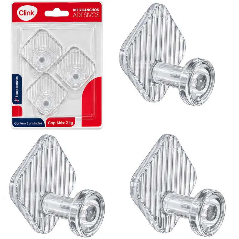 CABIDE GANCHO DE PLASTICO LOSANGO AUTOADESIVO PRETO / TRANSPARENTE COM 3 PECAS