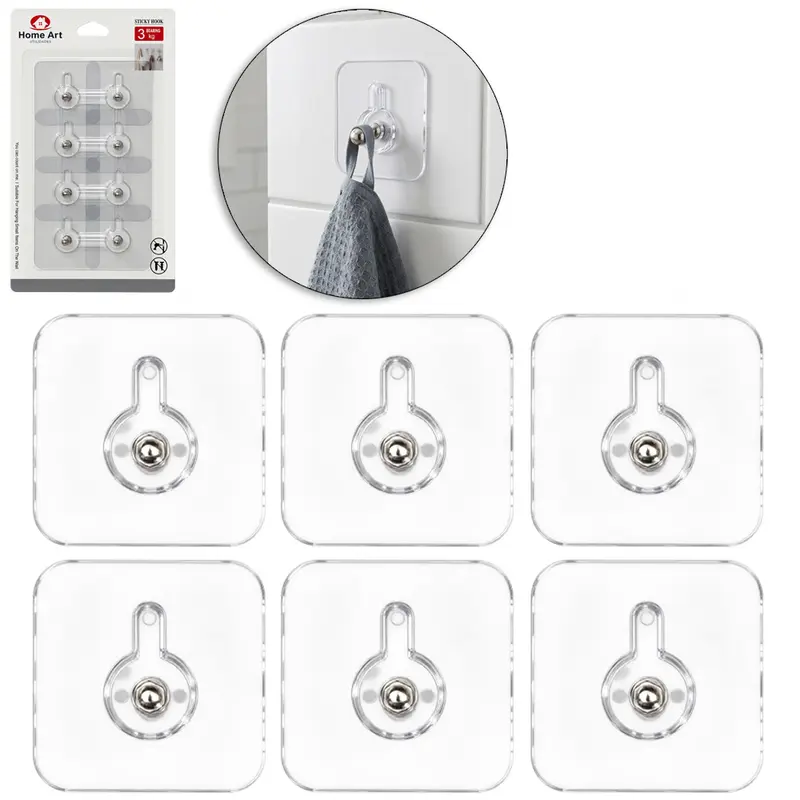 CABIDE GANCHO DE METAL QUADRADO AUTOADESIVO TRANSPARENTE COM PARAFUSO 8 PECAS 5,8CM