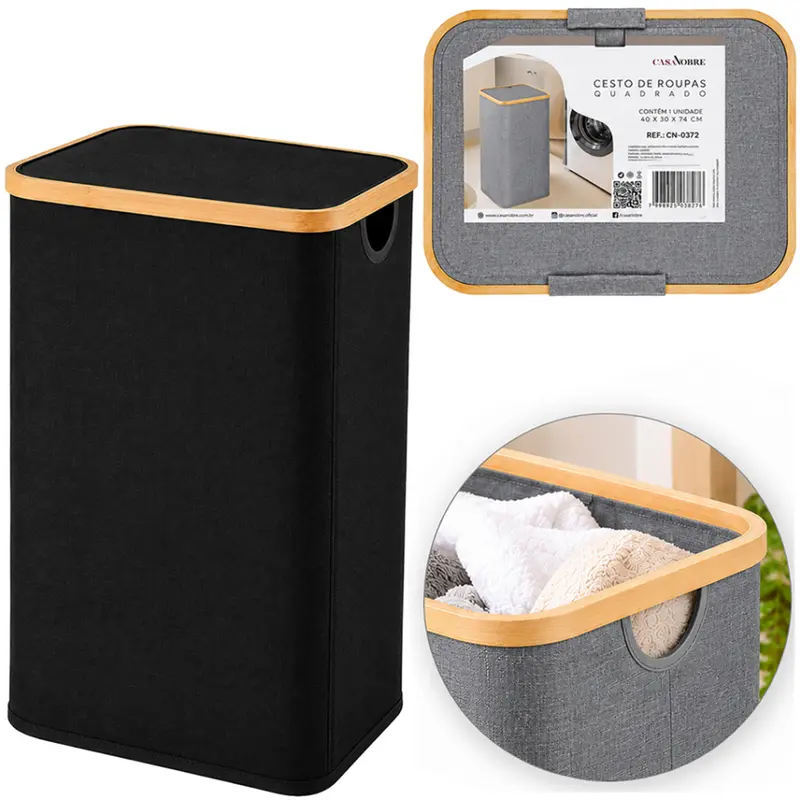 CESTO ORGANIZADOR PARA ROUPAS / ROUPEIRO BAMBU / OXFORD RETANGULAR DOBRAVEL COM TAMPA E ALCA CASA NOBRE 74X40X30CM