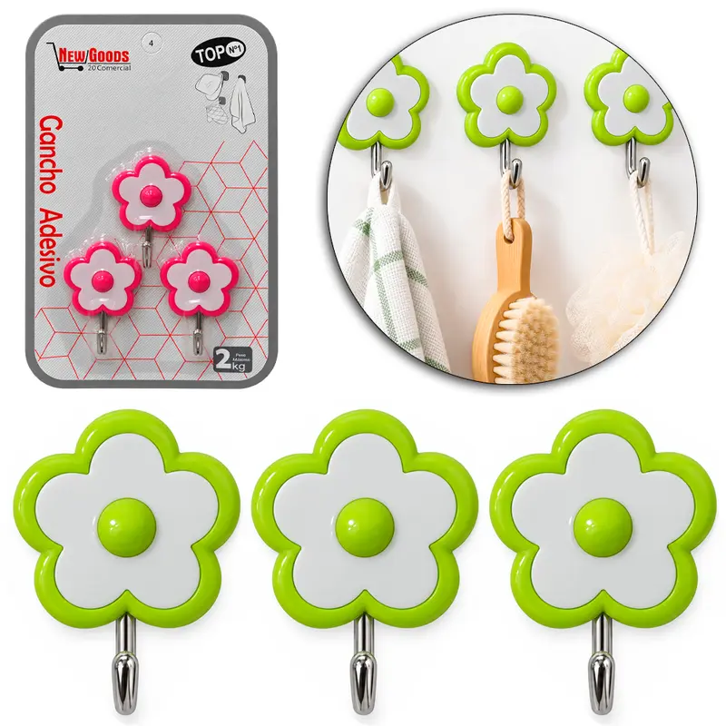 CABIDE GANCHO DE METAL FLOR AUTOADESIVO COM 3 PECAS 5,5X4CM DE Ø
