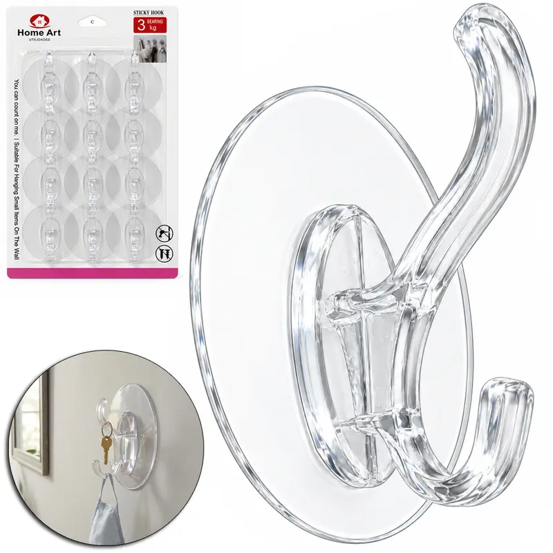 CABIDE GANCHO DE ACRILICO REDONDO COM 12 GANCHOS DUPLO AUTOADESIVO TRANSPARENTE 6CM DE Ø