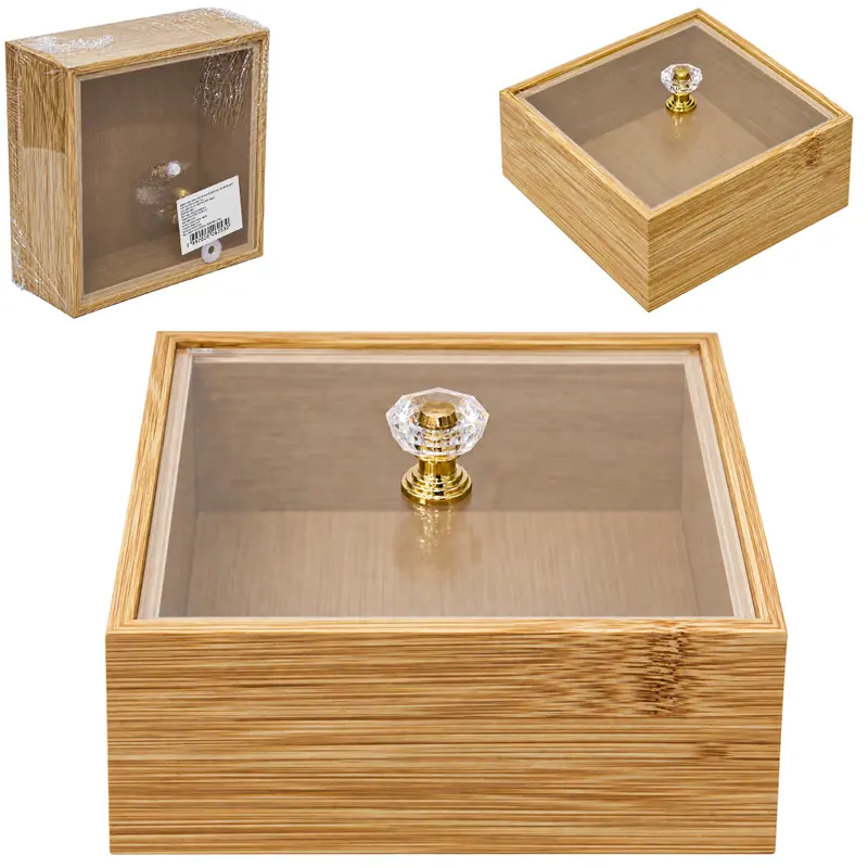 CAIXA ORGANIZADOR DE MADEIRA MDF QUADRADA COM TAMPA DE PLASTICO PET 12X6,7CM