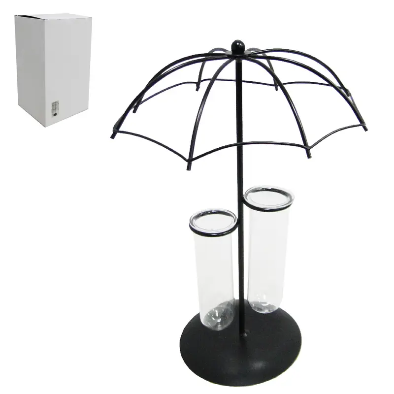 ENFEITE ARAMADO GUARDA CHUVA COM 2 VASOS DE VIDRO REDONDO PRETO 26X17CM DE Ø