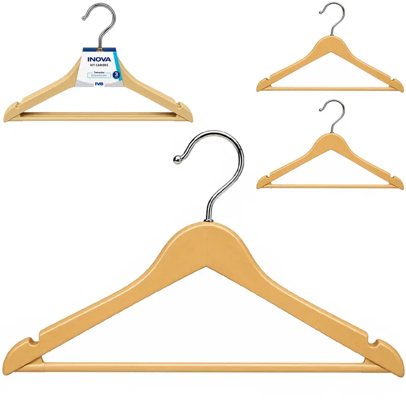 CABIDE ROUPA DE PLASTICO TIPO MADEIRA COM GANCHO DE METAL E CAVA INOVA 3 PECAS 42,5X22,5CM 10MM
