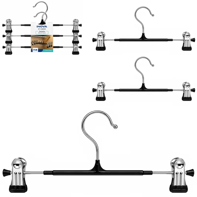CABIDE ROUPA COM GANCHO + PRESILHA DE METAL INOVA 3 PECAS 30X12X2,3CM