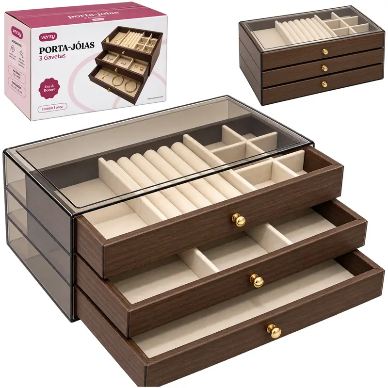 ORGANIZADOR PORTA JOIAS POLIESTER / PLASTICO PET FLEXIVEL E MADEIRA MDF RETANGULAR 3 GAVETAS + 14 DIVISORIAS VERSY
