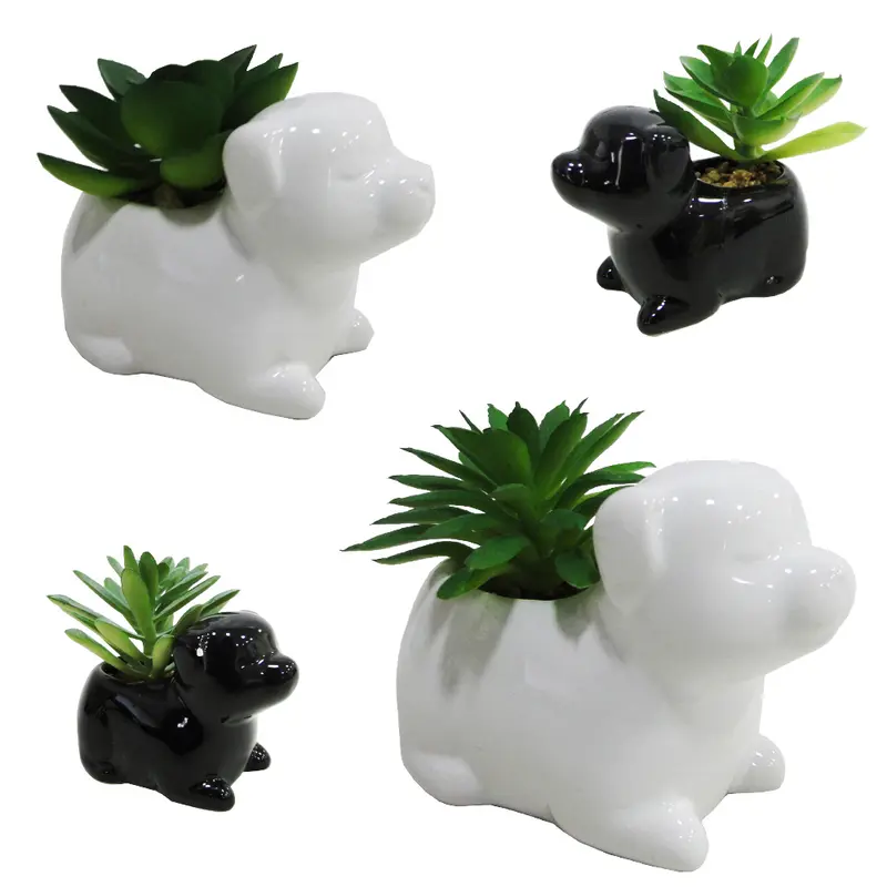 FLOR PERMANENTE SUCULENTA COM VASO CACHORRO DE PORCELANA PRETO/BRANCO 8,5X7X4,5CM