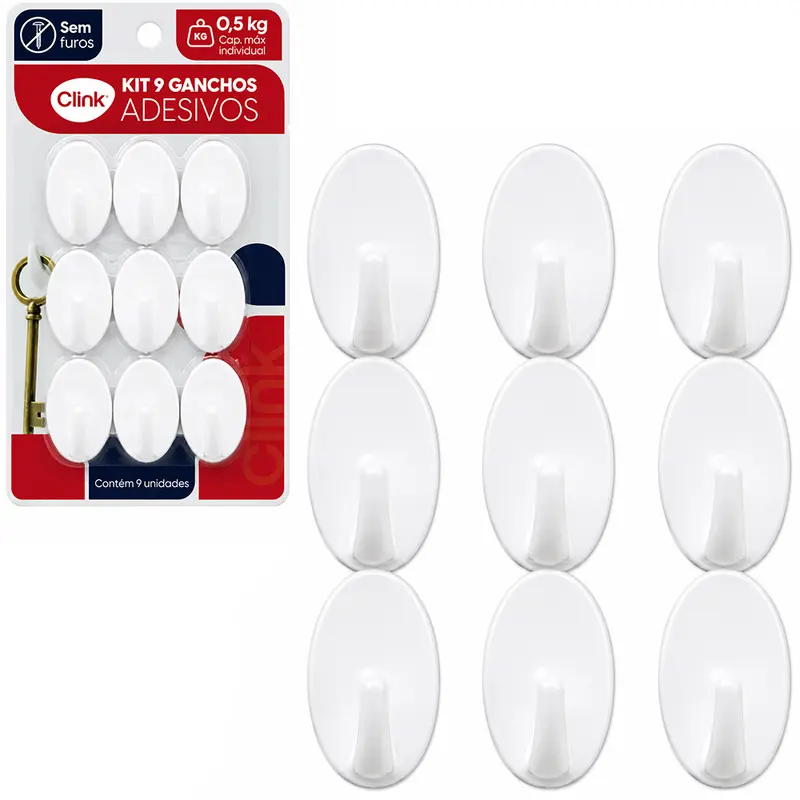 CABIDE GANCHO DE PLASTICO OVAL AUTOADESIVO COM 9 PECAS 3,7X2,8CM NA CARTELA