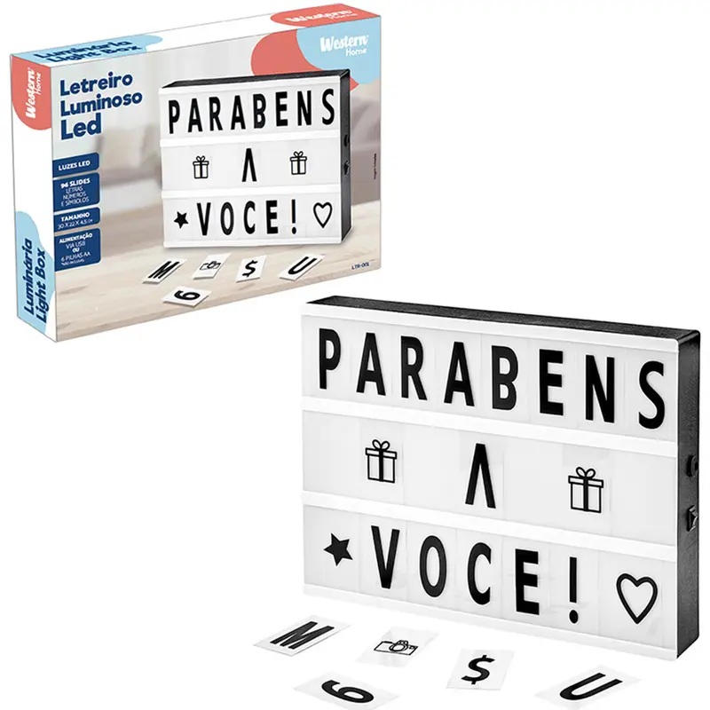 QUADRO / PAINEL LETREIRO LUMINOSO LIGHT BOX COM LETRAS / NUMEROS / SIMBOLOS A PILHA / USB