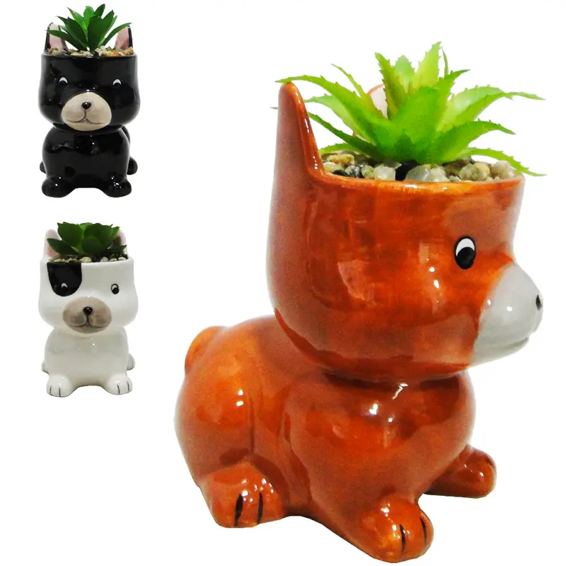 FLOR PERMANENTE SUCULENTA COM VASO CACHORRO DE PORCELANA SORTIDOS 13X11X8CM