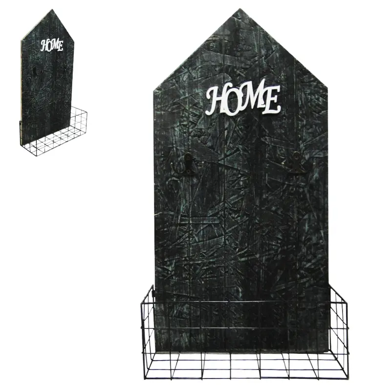 PORTA CHAVE DE MADEIRA CASA COM 4 GANCHOS + CESTO ARAMADO 46X23,5CM