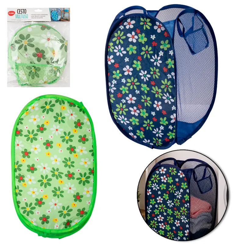 CESTO ORGANIZADOR DE POLIESTER DOBRAVEL TELADO COM ALCA ESTAMPAS SORTIDAS 56X34CM