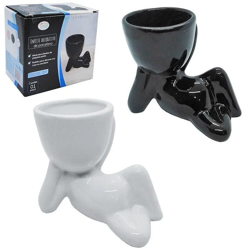 VASO DECORATIVO ROBERT PLANT DEITADO DE PORCELANA PRETO / BRANCO 11,5X10,5X7,4CM