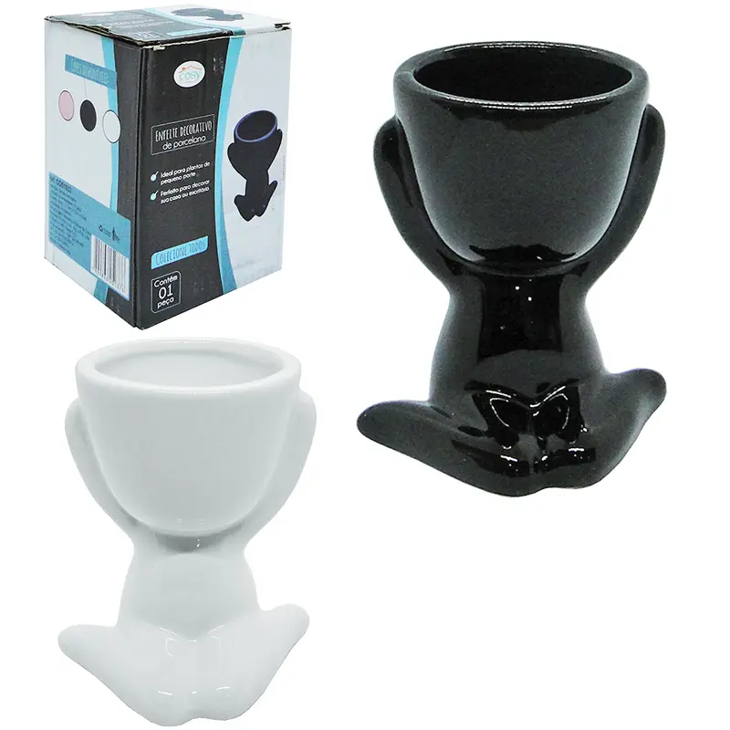 VASO DECORATIVO ROBERT PLANT SENTADO DE PORCELANA PRETO / BRANCO 11,3X9,5X7,5CM