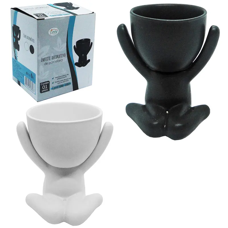 VASO DECORATIVO ROBERT PLANT SENTADO DE PORCELANA PRETO / BRANCO FOSCO 10X6,5CM