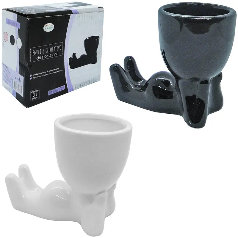 VASO DECORATIVO ROBERT PLANT DEITADO DE PORCELANA PRETO / BRANCO 12X10X7CM