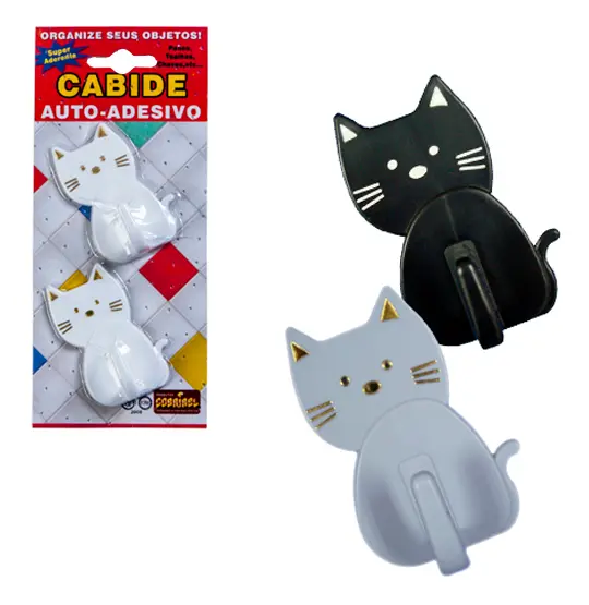 CABIDE GANCHO DE PLASTICO GATO AUTOADESIVO COLORS COM 2 PECAS 6,5CM