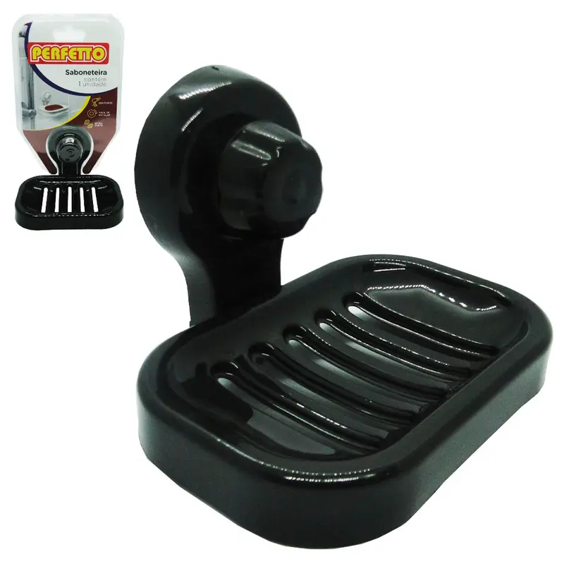 SABONETEIRA DE PAREDE DE PLASTICO PRETO COM VENTOSA 12X10X9CM