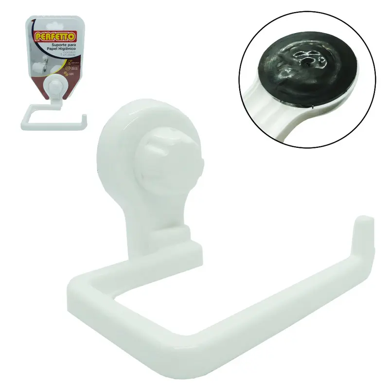 SUPORTE PORTA PAPEL HIGIENICO DE PAREDE DE PLASTICO BRANCO COM VENTOSA 12,5X11X9CM