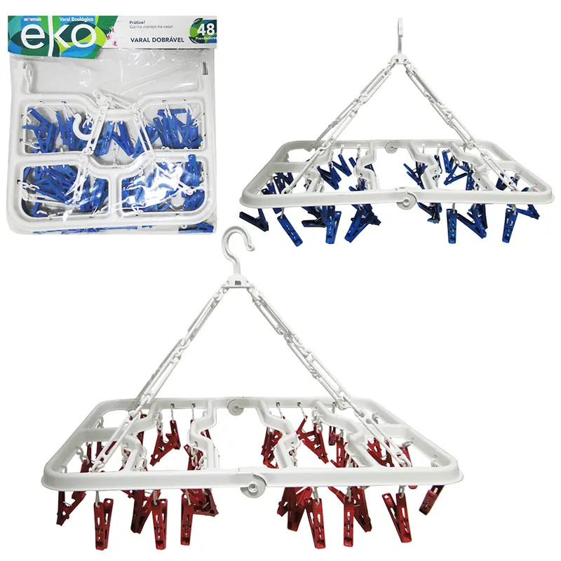VARAL DE PENDURAR DE PLASTICO RETANGULAR DOBRAVEL COM 48 PRENDEDORES COLORS